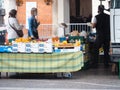 Cremona, Lombardy, Italy - 16 th may 2020 - People grocery shopping socially distance d in local biologic open air food market