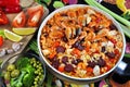 Jambalaya with spicy rice with meat and vegetables and shrimp Royalty Free Stock Photo