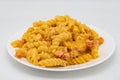 Creole Style Crawfish Macaroni and Cheese on a White Plate