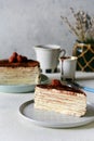 Crepe cake made of thin Crepe with butter cream, cocoa, chocolate,freeze-dried strawberries. Delicious dessert from French crepes.