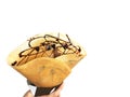 Crepe with Chocolate Sauce for Breakfast or Dessert. Food Crepes Baked. Woman is Hand Holding Homemade Brown Pancake with Cereal Royalty Free Stock Photo