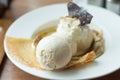 Crepe with ice cream and banana burned topping