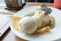 Crepe with ice cream and banana burned topping