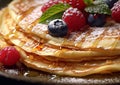 Crepe pancakes stack with berries and sugar powder for breakfast.Macro.AI Generative