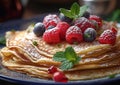 Crepe pancakes stack with berries and sugar powder for breakfast.Macro.AI Generative