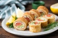 Crepe rolls with salmon and cream cheese Royalty Free Stock Photo