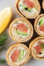 Crepe rolls with salmon, cucumber and cream cheese Royalty Free Stock Photo