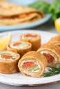 Crepe salmon rolls with cream cheese and cucumber Royalty Free Stock Photo