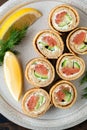 Crepe salmon rolls with cucumber and cream cheese Royalty Free Stock Photo