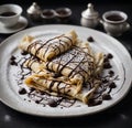 Crepe stuffed with Nutella, sprinkled with powdered sugar and drizzled with chocolate sauce, served on a thin ceramic plate.