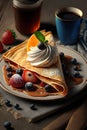 Crepes with berries and whipped cream with coffee. Vertical close up realistic illustration.