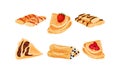 Crepes or Blinis with Different Stuffing Rolled and Folded in Triangle Shape Vector Set