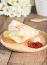 Crepes cake roll cream cheese with strawberry jam. Royalty Free Stock Photo