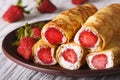 Crepes with fresh strawberries and cream cheese close-up Royalty Free Stock Photo