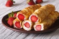 Crepes with fresh strawberries and cream cheese on a plate Royalty Free Stock Photo