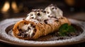 Crepes with ice cream and chocolate chips, selective focus.