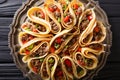 Crepes with meat beef, peppers and onions closeup. horizontal to Royalty Free Stock Photo