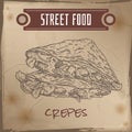 Crepes with meat, cheese and mushrooms sketch on grunge background