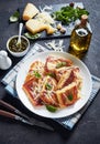 Crepes with Meat and mushrooms filling, top view Royalty Free Stock Photo