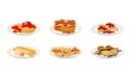 Crepes or Pancakes with Different Stuffing and Toppings Rolled and Folded on Plate Vector Set