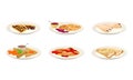 Crepes or Pancakes with Different Stuffing and Toppings Rolled and Folded on Plate Vector Set