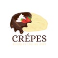 Crepes or Pancakes Logo with Chocolate, Cream and Strawberry Royalty Free Stock Photo