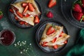 Crepes served with cream cheese and fresh strawberry, Royalty Free Stock Photo