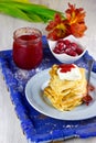 Crepes With Sour Cream and Homemade Strawberry Jam Royalty Free Stock Photo