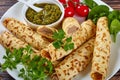 Crepes stuffed with chicken meat, close-up Royalty Free Stock Photo