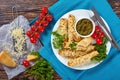 Crepes stuffed with chicken meat on plate Royalty Free Stock Photo