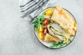 Crepes with stuffed cream cheese, spinach, turkey. Cuisine meal food concept. Top view Royalty Free Stock Photo