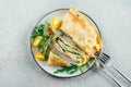 Crepes with stuffed cream cheese, spinach, turkey. Cuisine meal food concept. Top view Royalty Free Stock Photo