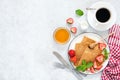 Crepes, thin pancakes or blini with strawberries, honey, coffee