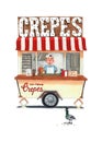 Delicious crepes pancakes wagon with pigeon watercolor illustration