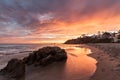 Crescent Bay Sunset with Fire Red Sky Royalty Free Stock Photo