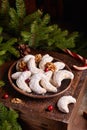 Crescent Christmas Cookies with walnuts covered with sugar powder