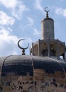 Crescent, dome and minaret of the London Central Mosque, part of the Islamic Cultural Centre, Regent`s Park, London UK Royalty Free Stock Photo