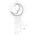 Crescent with face and starry tail, magical moon with star trace, astrology and tarot sorcery, esoteric and zodiac sign