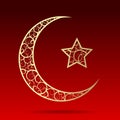 Crescent gold moon with star on dark red background