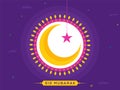 Crescent golden moon, hanging star and light bulbs on purple background. Eid Mubarak celebration concept. Royalty Free Stock Photo