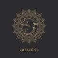 Crescent in halo. Moon drawn in engraving style. Royalty Free Stock Photo