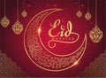 PrintCrescent Islamic with Hanging Lantern for Ramadan Kareem and eid mubarak. Golden Half Moon pattern, red background.vector Royalty Free Stock Photo