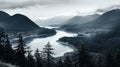 Aerial View Of Crescent Lake With Flat Duotone Color Scheme