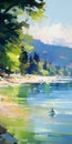 Crescent Lake: A Vibrant Beach Painting With Blurred Imagery