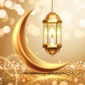 Crescent and lantern on ramadan greeting card.