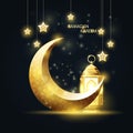 Crescent and lantern, Ramadan Kareem, Islamic symbols covered with arabic pattern
