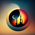 Crescent Moon With Beautiful Mosque On Evening Background.