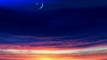 Crescent moon with beautiful sunset background . Generous Ramadan . Royalty Free Stock Photo