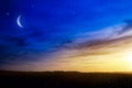 Crescent moon with beautiful sunset background . Generous Ramadan . Light from sky . Religion background . Royalty Free Stock Photo