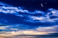 Beautifully summer landscape . Crescent moon with beautiful sunset background . Generous Ramadan . Light from sky . Religion backg